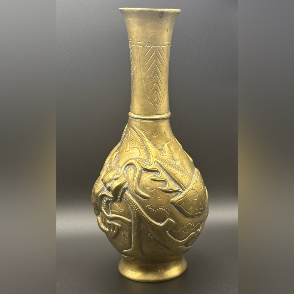 Chinese Brass Vase with Dragon Relief 20th Century Signed VGC